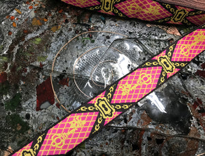 Pink and Gold on  Black Background Geometric Pattern - Embroidered Jacquard Ribbon - 7/8" Wide.