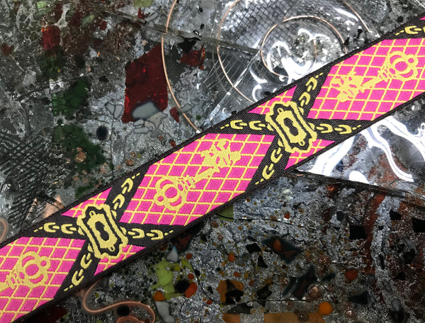 Pink and Gold on  Black Background Geometric Pattern - Embroidered Jacquard Ribbon - 7/8" Wide.