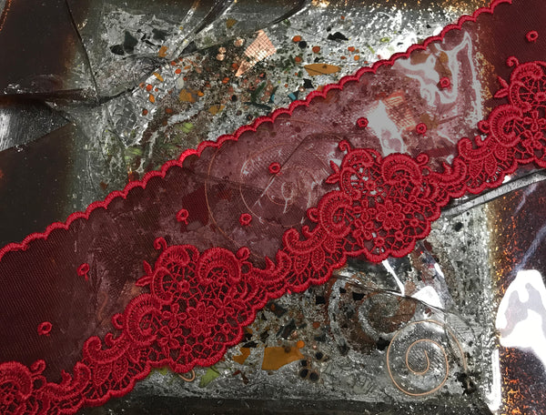 Red Shinny Embroidery on Soft Tulle - Italian Lace - 9 cm Wide.