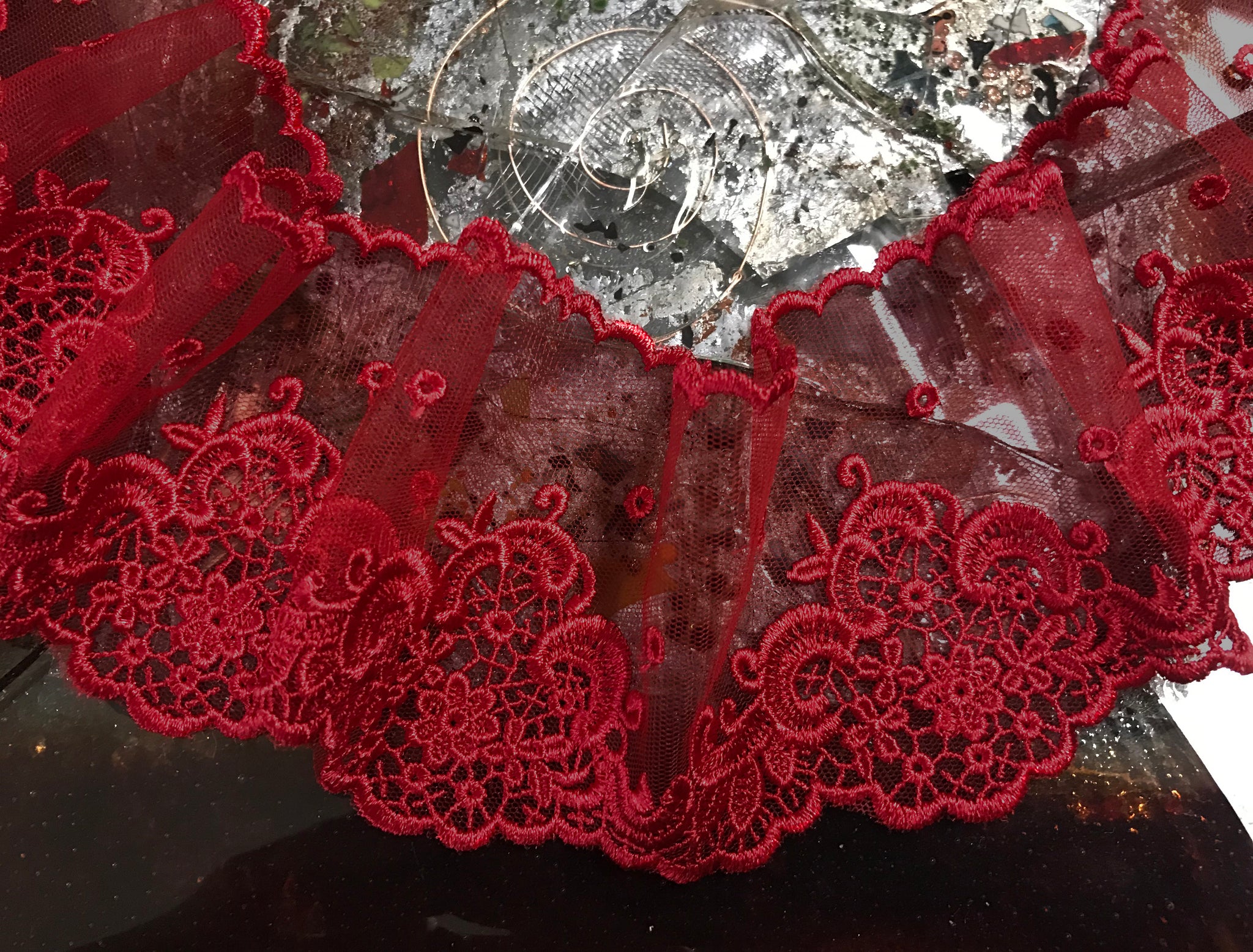 Red Shinny Embroidery on Soft Tulle - Italian Lace - 9 cm Wide.