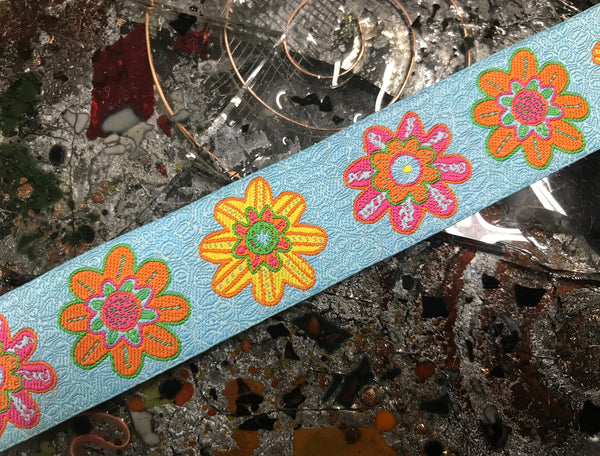 Multi Color Floral Daisies on  Blue Background - Embroidered Jacquard Ribbon - 7/8" Wide.