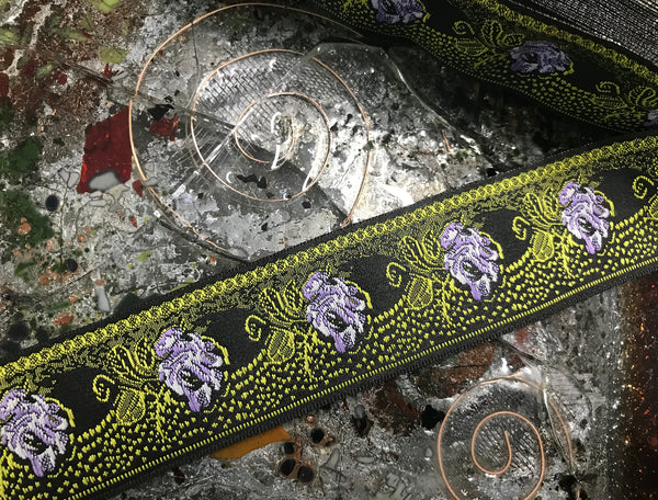 Multi Color Floral on Black  Background - Embroidered Jacquard Ribbon - 2 Colors Available.