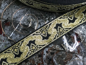 Gold  on  Black Background - Embroidered Jacquard Ribbon - 1.1" Wide.