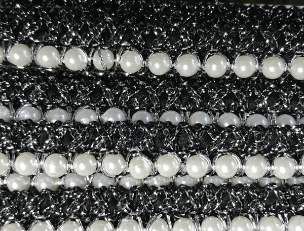 Black and Silver w/Pearls  -  French Trim - 1.5 cm Wide.