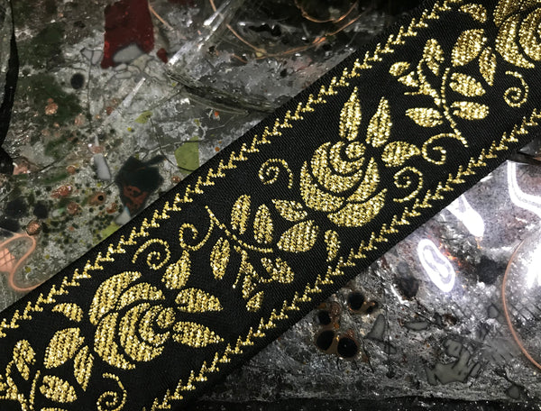 Gold Floral  on  Black Background - Embroidered Jacquard Ribbon - 5 cm Wide.