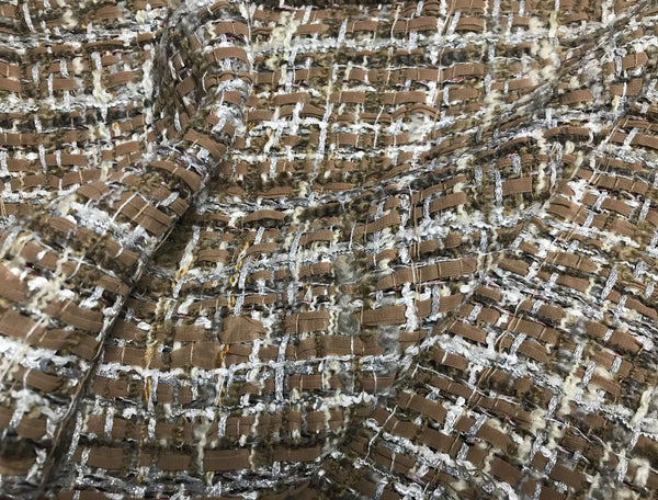 Tan/Off White/Brown/Silver with Ribbons - French Tweed - 150 cm Wide