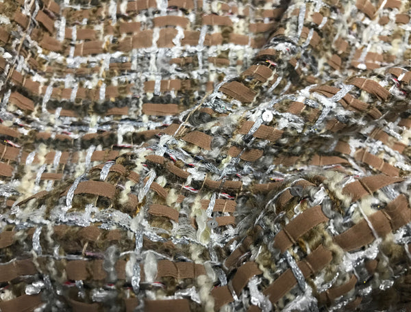 Tan/Off White/Brown/Silver with Ribbons - French Tweed - 150 cm Wide