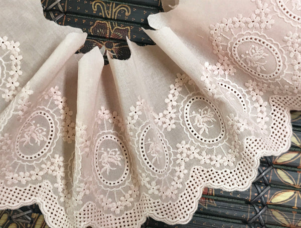 Pink Medallions Embroidery on Pink Cotton Voile - Broderie Anglaise - 12.5 cm Wide.