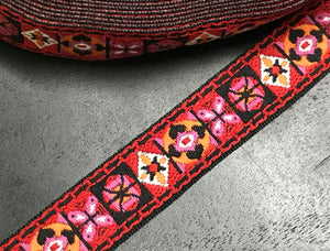 Red/Pink/White  on  Black Background Geometric Pattern - Cotton Embroidered Jacquard Ribbon - 1" Wide.