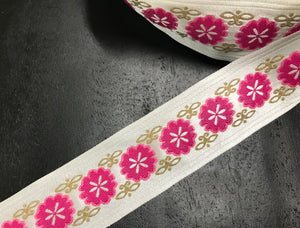 Rose and Gold Floral on Off  White Background - Embroidered Satin Jacquard Ribbon - 1 2/8" Wide.