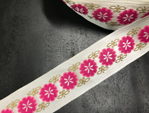 Rose and Gold Floral on Off  White Background - Embroidered Satin Jacquard Ribbon - 1 2/8" Wide.