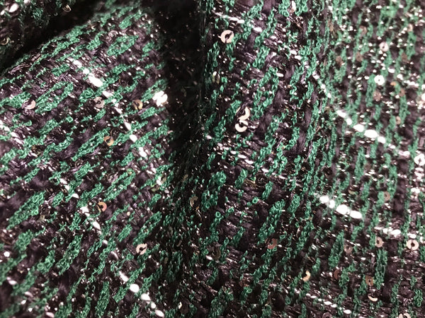 Green/Black/ White  with Small Silver Sequins - French Tweed - 148 cm Wide - WIKILACES
