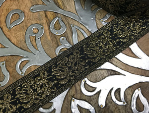 Gold Floral  on  Black Background - Embroidered Jacquard Ribbon - 1 6/8" Wide.