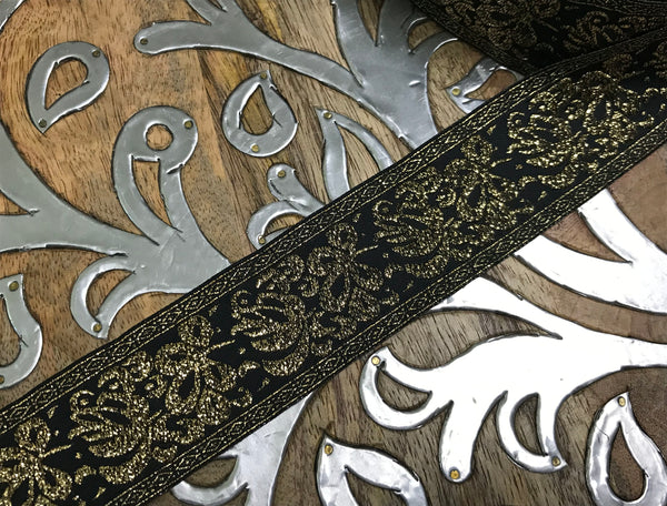 Gold Floral  on  Black Background - Embroidered Jacquard Ribbon - 1 6/8" Wide.
