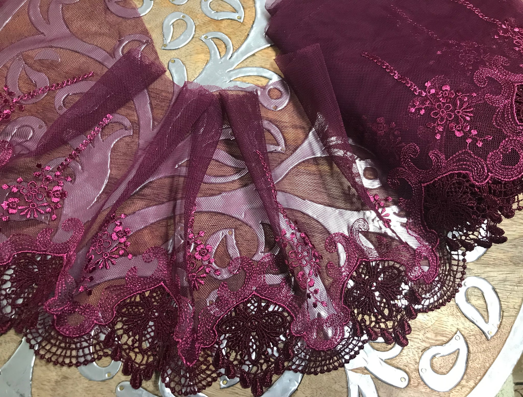 Burgundy Embroidery on Soft Tulle -  Italian Lace - 18 cm Wide.
