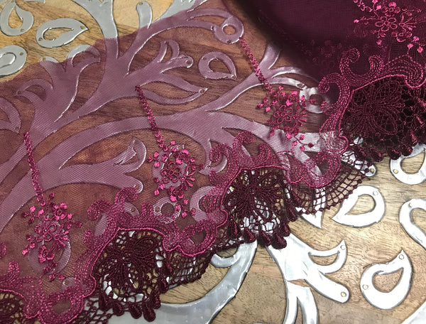 Burgundy Embroidery on Soft Tulle -  Italian Lace - 18 cm Wide.