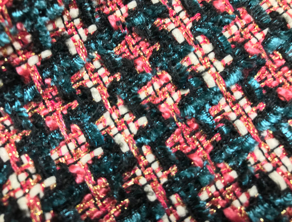 Dark Teal and  Mauve Pink Ribbons, Black, Off White and w/Gold Threads - French Tweed - 150 cm Wide.