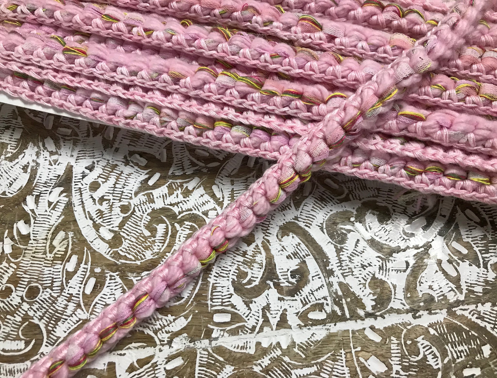 Shades of Pink White Green - Hand Made  French Braid Trim - 1.5 cm Wide.