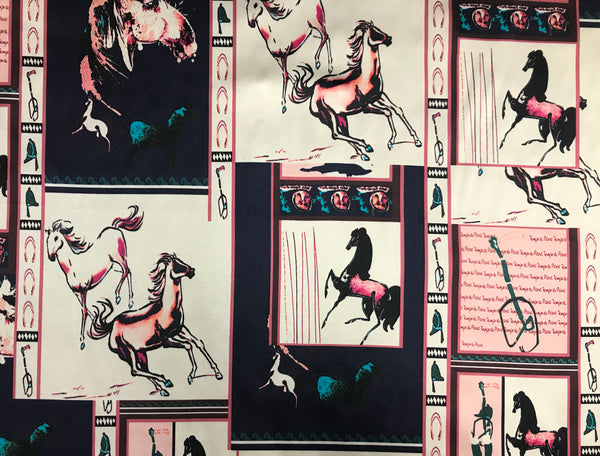 Multi Color Equestrian Print on Beige Background - Stretch Silk Satin - 19MM - 140 cm Wide.
