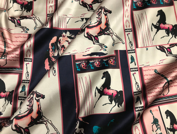 Multi Color Equestrian Print on Beige Background - Stretch Silk Satin - 19MM - 140 cm Wide.
