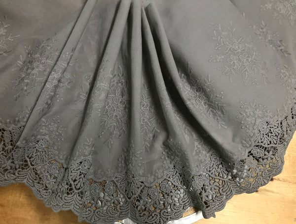 Grey on Grey Embroidery on Cotton Voile - Broderie Anglaise Lace - 36 cm Wide.