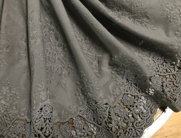 Grey on Grey Embroidery on Cotton Voile - Broderie Anglaise Lace - 36 cm Wide.