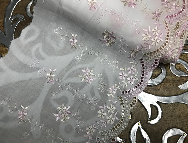Pink and Beige Hombre Embroidery  on Natural White Cotton Voile - Broderie Anglaise - 17 cm Wide.