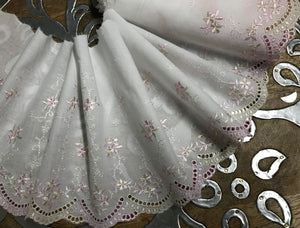 Pink and Beige Hombre Embroidery  on Natural White Cotton Voile - Broderie Anglaise - 17 cm Wide.
