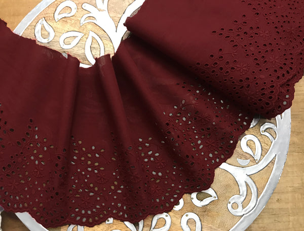 Burgundy Broderie Anglaise Lace on  Cotton Voile - 19.5 cm Wide.