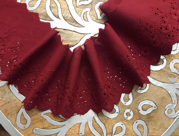 Burgundy Broderie Anglaise Lace on  Cotton Voile - 11 cm Wide.
