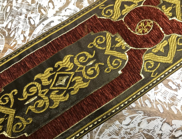 Marron/Brown/Gold- Embroidered Velvet/Satin Jacquard Ribbon - 11.5 Width.