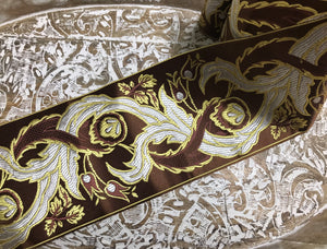 Shades of Brown/White/Gold - Embroidered Velvet Jacquard Ribbon -  6 cm and 12 cm Width.
