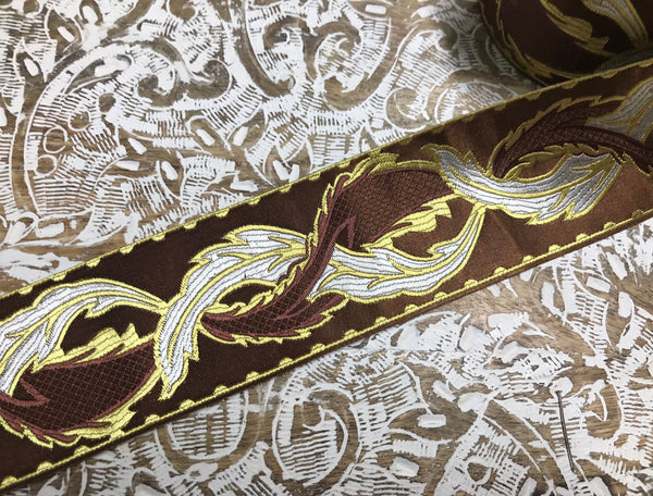 Shades of Brown/White/Gold - Embroidered Velvet Jacquard Ribbon -  6 cm and 12 cm Width.