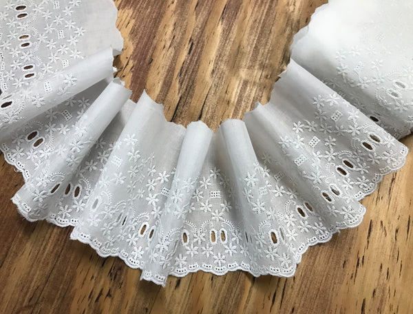 White on White Embroidered Cotton Voile Lace w/Ribbon Insert - Broderie Anglaise - 9.5 cm Wide.