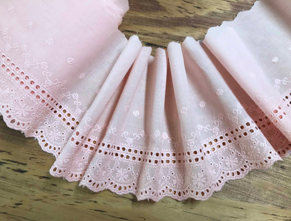 Pink Embroidery on Pink Cotton Voile Background - Broderie Anglaise - 14.5 cm Wide.