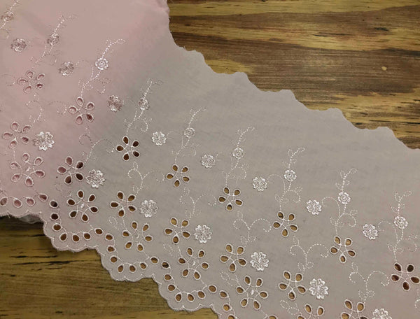 Pink with Shinny Threads Embroidery - Broderie Anglaise on Cotton Voile - 21.5 cm Wide.
