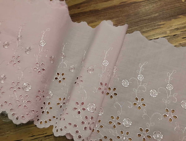 Pink with Shinny Threads Embroidery - Broderie Anglaise on Cotton Voile - 21.5 cm Wide.