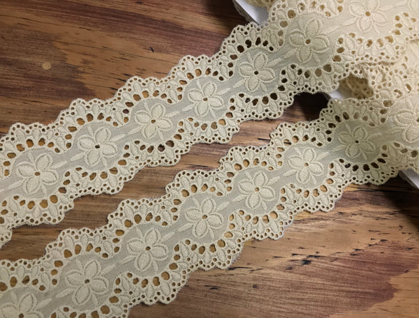 Beige Embroidery on Beige -  Double Side Scalloped Broderie Anglaise - on Cotton Voile - 8.5 cm Wide.