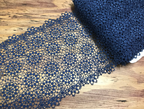 Indigo Blue Soft and Shinny - Italian  Embroidered Lace - 21 cm  Wide.