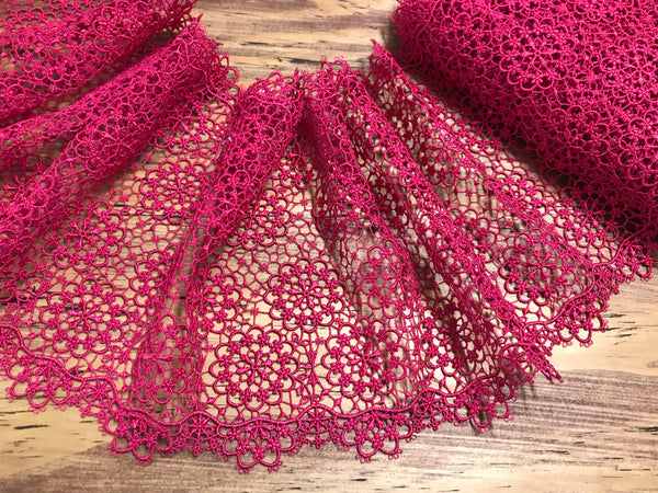 Raspberry Color Soft and Shinny - Italian  Embroidered Lace - 21 cm  Wide.