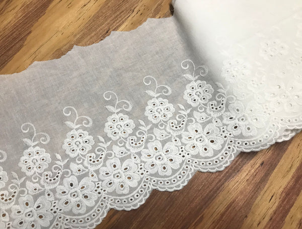 Natural White Broderie Anglaise Lace on  Cotton Voile - 22 cm Wide.