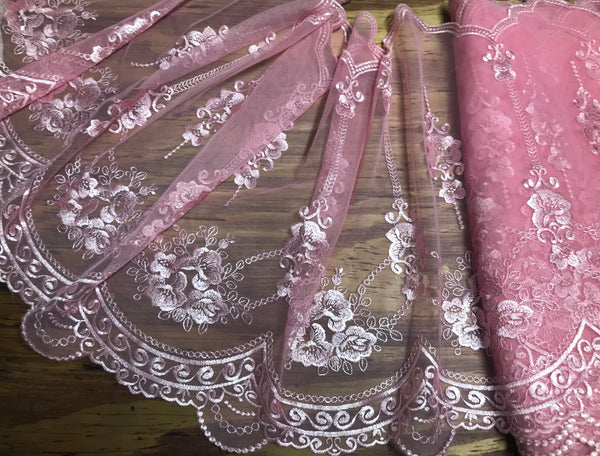 Double Edge Pink on Pink Background - Embroidered Soft Tulle Lace - 41.5 cm Wide.
