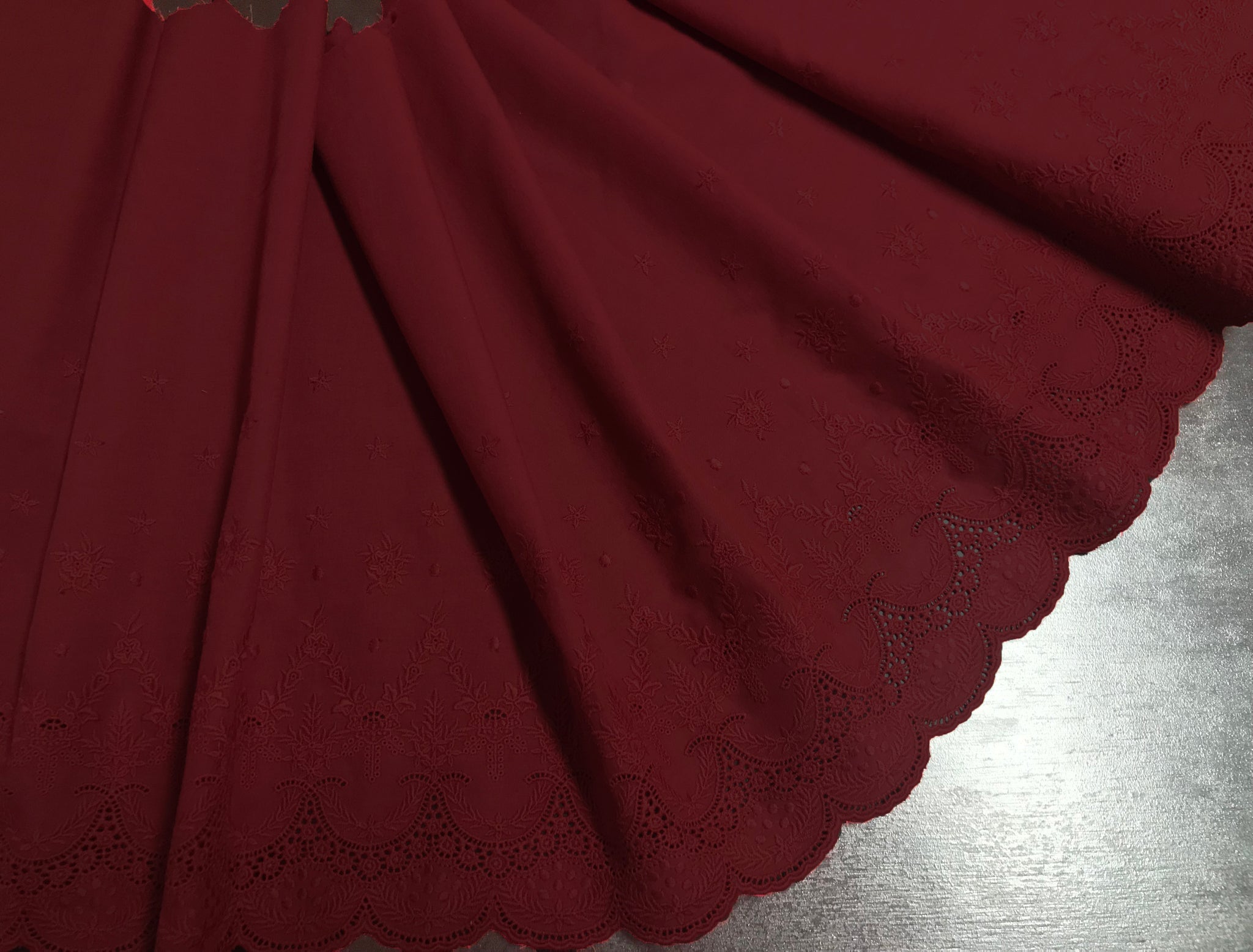 Burgundy Embroidery on Burgundy Background - Broderie Anglaise -  Swiss Cotton Voile - 43 cm Wide.
