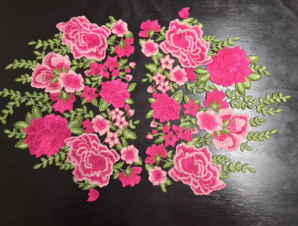 Shades of Pink/White/Green Colors Embroidery (No Backing, all Embroidery) - Sew on Applique - 39 cm Length x 31 cm Width.