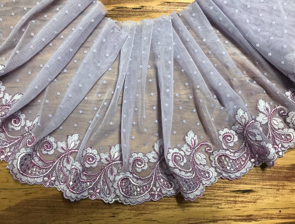 Lavender and Pink Embroidery on Lavender w/Swiss Dot Background  - Embroidered Italian Soft Tulle Lace - 20 cm Wide.