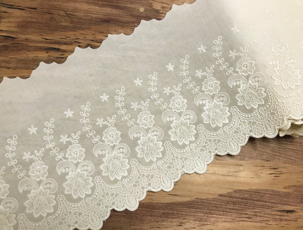 Ivory  Broderie Anglaise Lace on  Cotton Voile - 22 cm Wide.