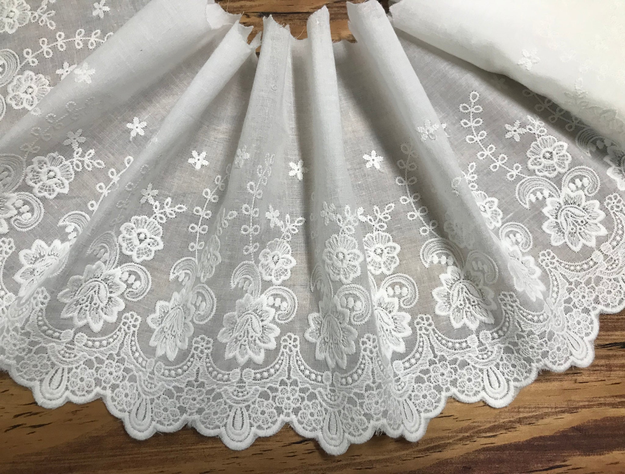 White Broderie Anglaise Lace on  Cotton Voile - 22 cm Wide