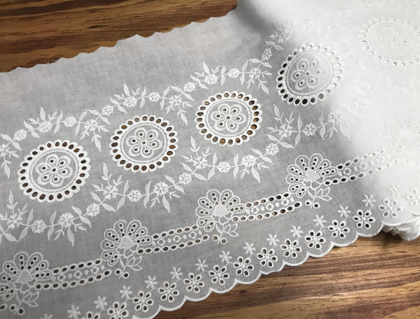 White on White Embroidery on Cotton Voile - Broderie Anglaise Lace - 32.5 cm Wide.