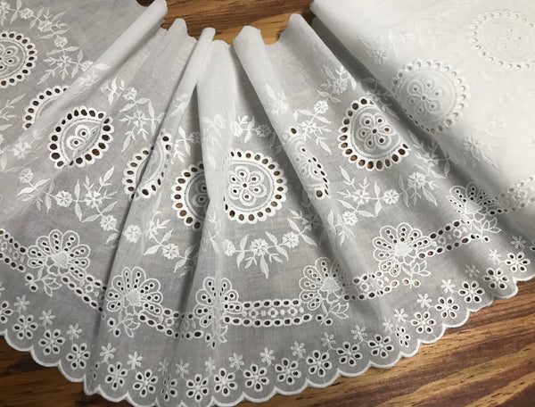 White on White Embroidery on Cotton Voile - Broderie Anglaise Lace - 32.5 cm Wide.