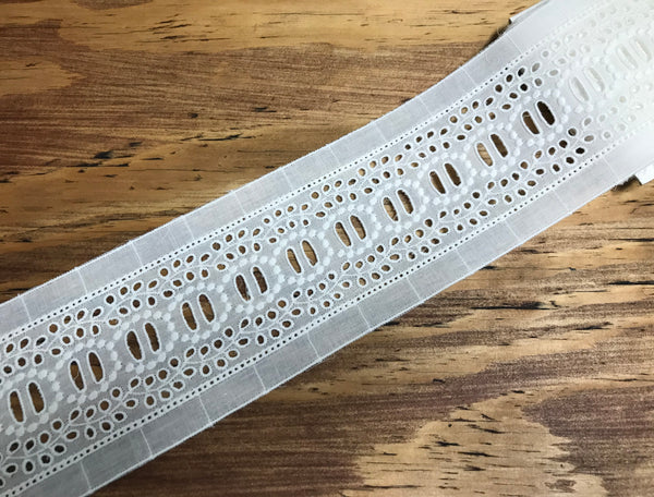 Natural White Embroidery  w/Ribbon Insert -  Broderie Anglaise  Lace  on Natural White Cotton Voile - 9 cm Wide.